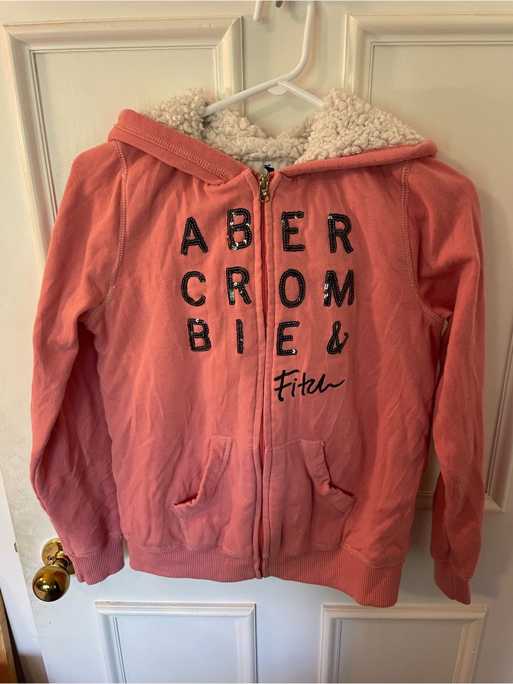A&F Fleece lined hoodie kids (sz 15-16) women’s (XSm) coral pink